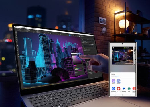 Ein Laptop zeigt eine blaue und violette Stadtansicht, daneben ein Smartphone mit App-Symbolen vor einer Backsteinmauer.