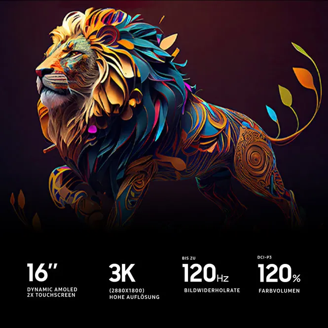 Ein farbenfroher Löwe mit blauen, gelben und orangefarbenen Akzenten auf dunklem Hintergrund. Darunter sind Textinformationen angeordnet.