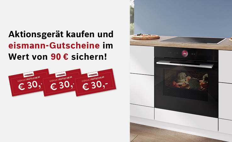 Aktion mit drei roten Gutscheinen und Text. Im Hintergrund ein moderner Ofen in einer weißen Küchenzeile.