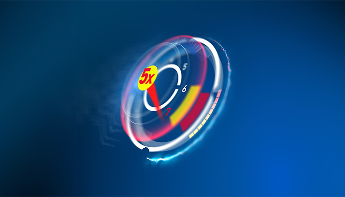 Ein blaues Bild zeigt einen kreisförmigen Graphen mit den Zahlen 5 und 6. Es enthält rote und gelbe Segmente sowie einen gelben Kreis mit "5x" in der Mitte..