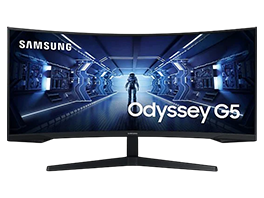 Samsung Odyssey G5 Curved Gaming-Monitor mit futuristischer Grafik auf dem Bildschirm.