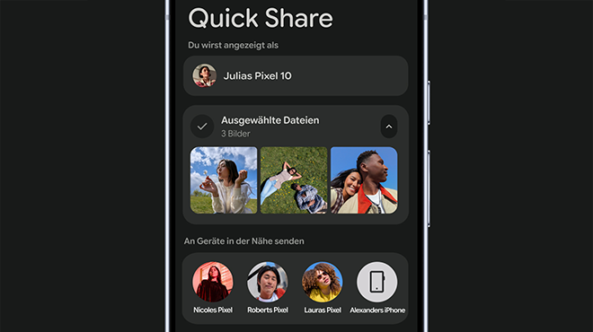 Smartphone‑Display mit der Benutzeroberfläche ‚Quick Share‘: Oben der Gerätename, darunter ausgewählte Fotos und darunter Profilbilder von Kontakten und Geräten, an die Dateien in der Nähe kabellos gesendet werden können.