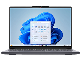 Laptop mit geöffnetem Windows 11 Startmenü auf dem Bildschirm.