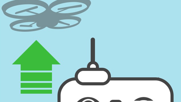 Auf hellblauem Grund sind eine graue Drohne, ein grüner Pfeil nach oben und eine weiße Fernbedienung abgebildet.