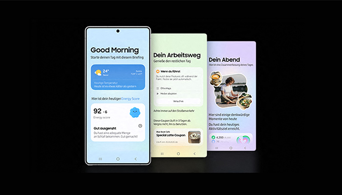 Drei Smartphones zeigen Apps für Morgen-, Arbeits- und Abendplanung. Die Apps bieten Wetter, Routen und Aktivitätsvorschläge.