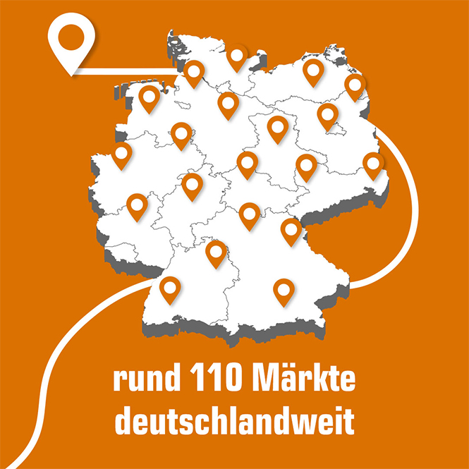 Deutschlandkarte mit orangefarbenen Markierungssymbolen auf orangefarbenem Hintergrund. Text: „rund 110 Märkte deutschlandweit“.