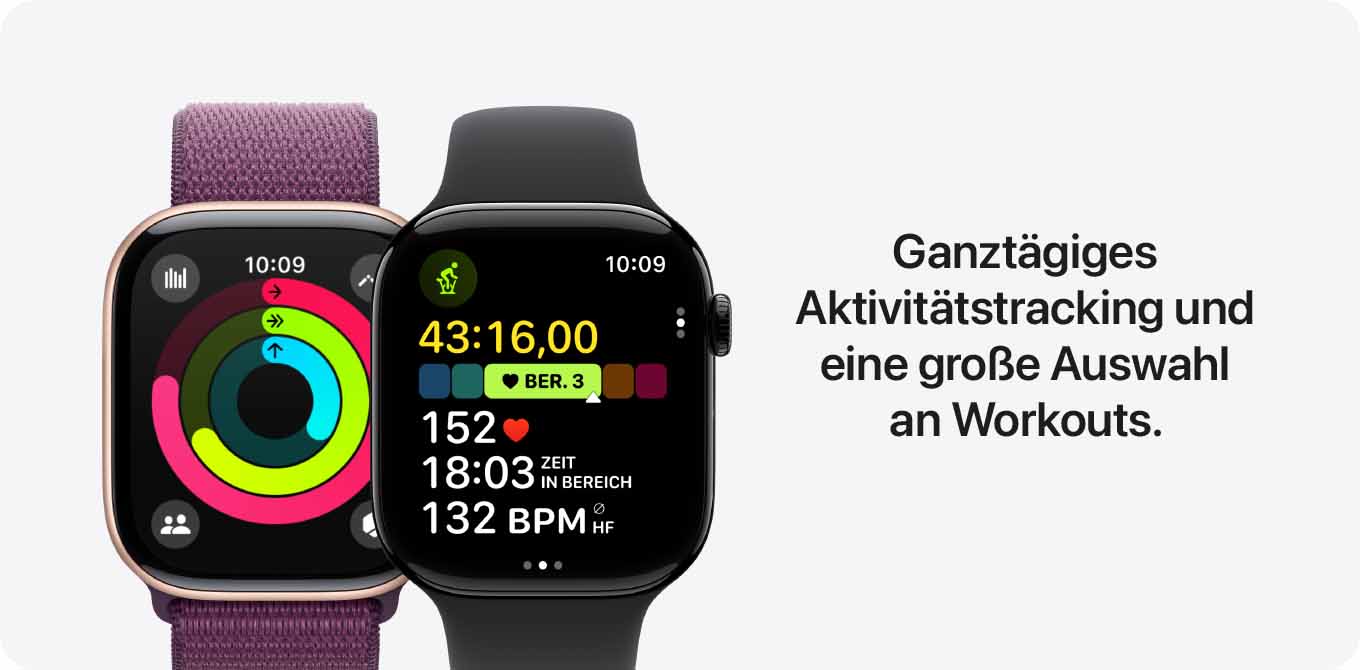 Zwei Smartwatches zeigen Aktivitätsdaten auf schwarzen Bildschirmen mit weißem Text. Die eine hat ein lila Armband.