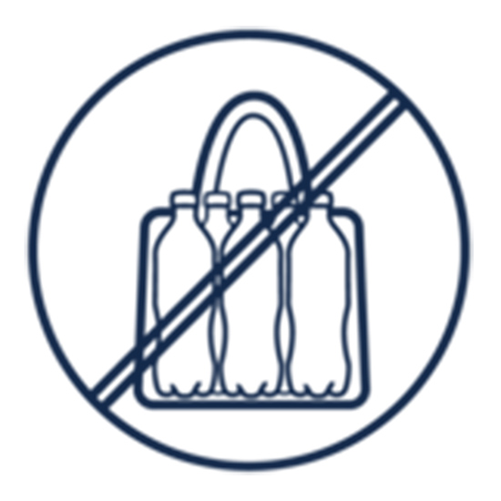 Verbotsschild: Eine blaue, durchgestrichene Tragetasche mit drei Flaschen in einem Kreis.