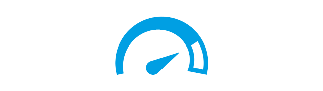 Blaues Geschwindigkeitsmesser-Symbol mit Pfeil auf weißem Hintergrund, der einen Messwert anzeigt.