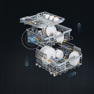 Drei Geschirrspülerkörbe aus Metall mit weißem Geschirr auf dunklem Hintergrund. Blaue Pfeile zeigen die Bewegung.