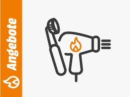 Symbolgrafik eines Haartrockners mit Flammensymbol und einer elektrischen Zahnbürste, daneben ein orangefarbener Balken mit dem Schriftzug Angebote.