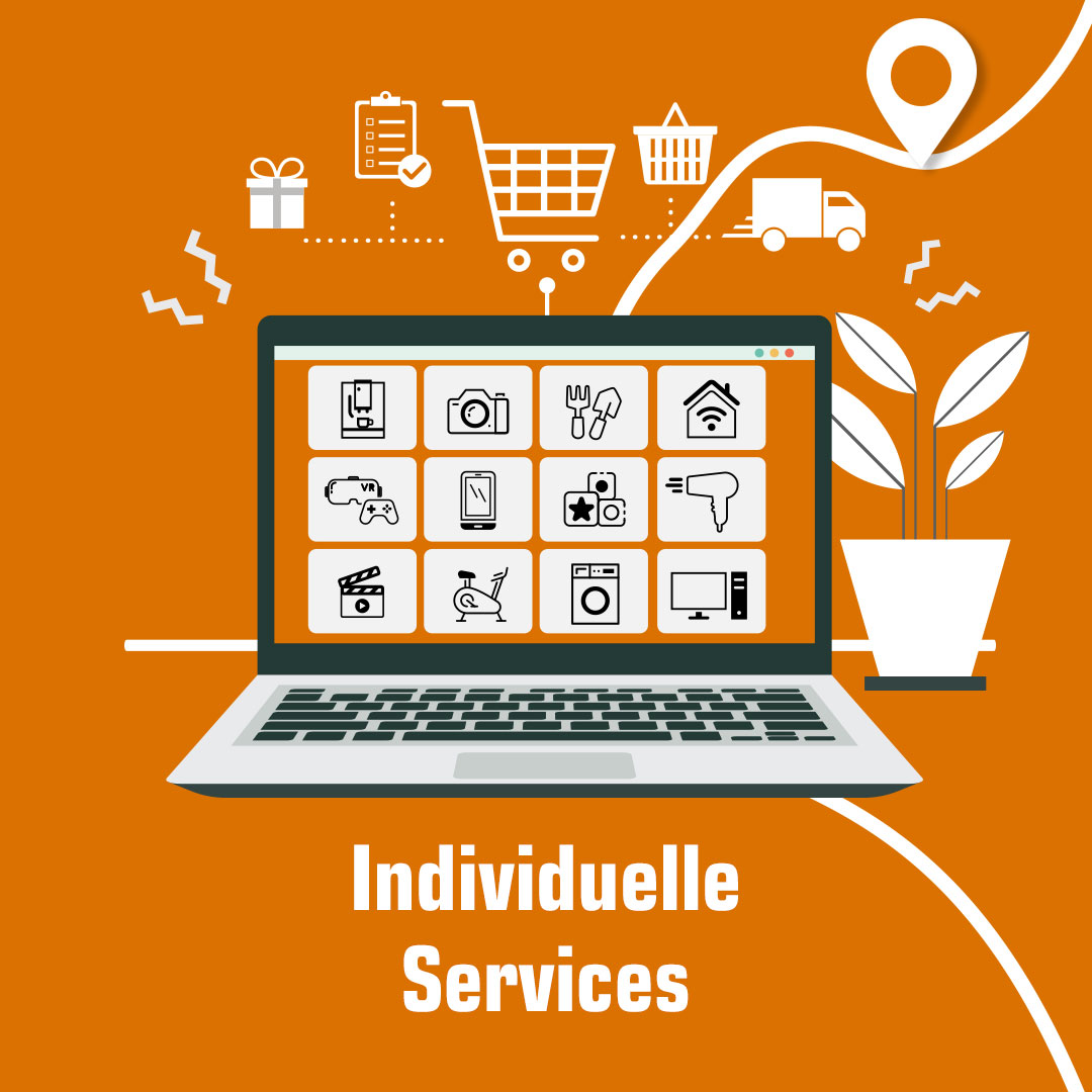 Laptop auf orangefarbenem Hintergrund mit Einkaufssymbolen und Zimmerpflanze. Text lautet: Individuelle Services.