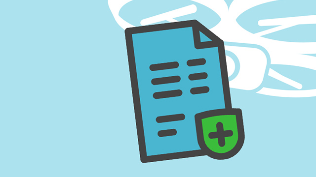 Ein blaues Blatt Papier mit schwarzen Linien und einem grünen Schild mit einem Pluszeichen darauf, vor hellblauem Hintergrund.