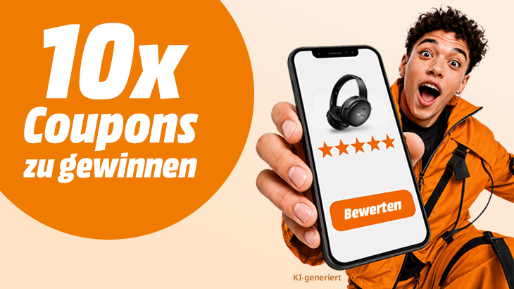 Der Text zeigt eine Werbung mit dem Slogan "Bewerten. Gewinnen. Freuen." in orange, gefolgt von "Bis zu 300€ Saturn-Coupon" in schwarz.