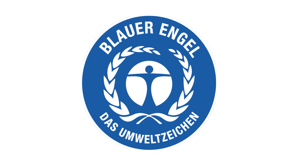Blauer Engel Logo: Blaues Siegel mit weißer stilisierter Figur im Lorbeerkranz und Schriftzug.
