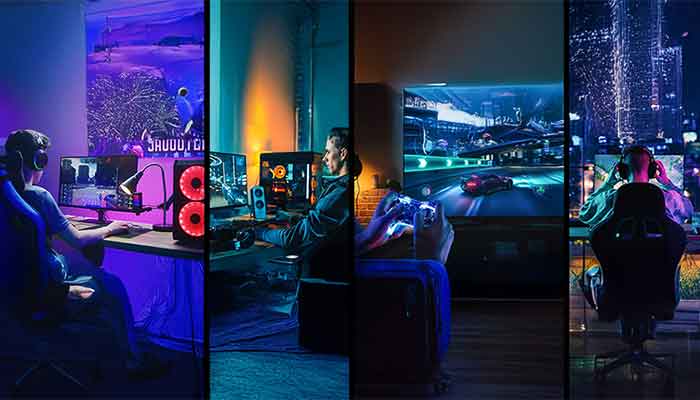 Kollage aus mehreren Gamern, die vor ihrem PC sitzen und Spiele zocken.