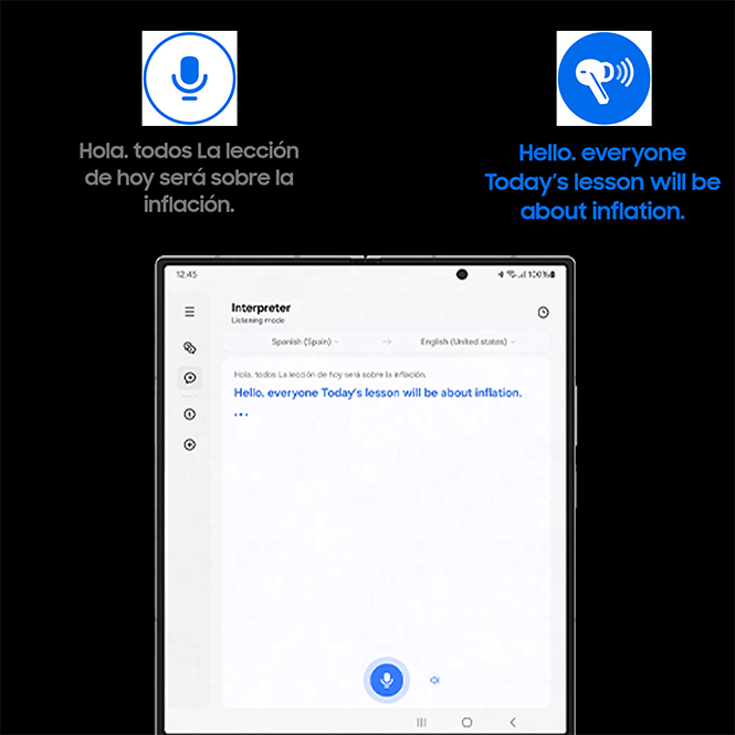 Auf schwarzem Grund zeigt ein Tablet die "Interpreter"-App mit Textübersetzungen und blauen Icons für Mikrofon und Kopfhörer.