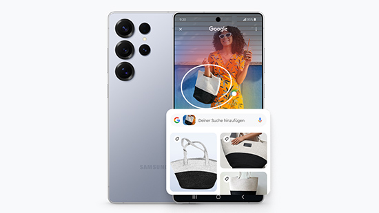 Auf dem Display eines Smartphones ist die Tasche eines Models eingekreist.