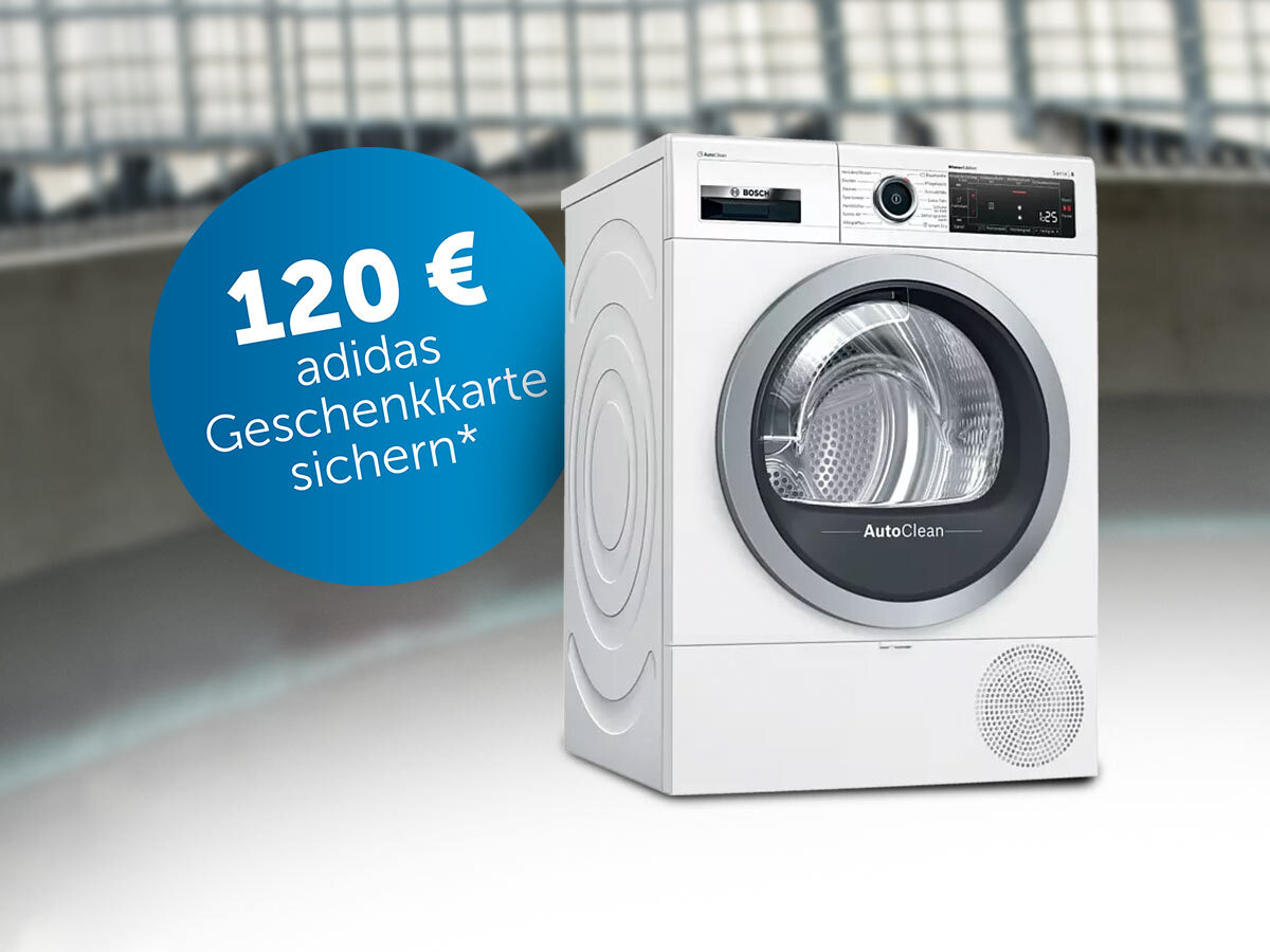 Ein weißer Bosch-Trockner steht auf einem grauen Boden, daneben ein blauer Kreis mit dem Text "120 € adidas Geschenkkarte sichern*".
