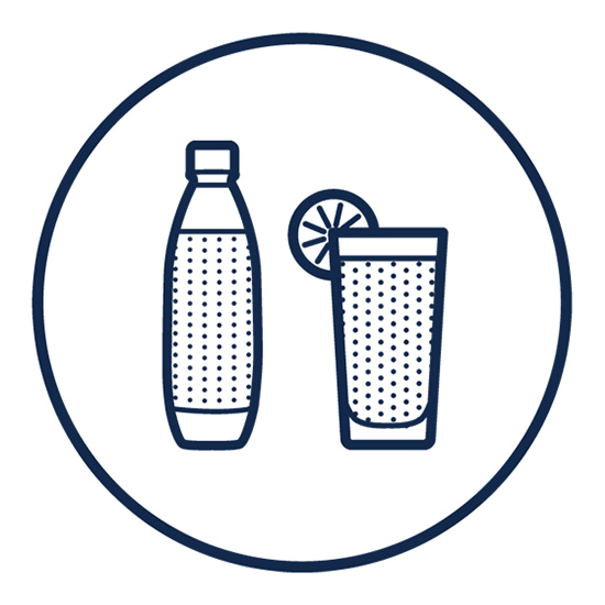 Flasche und Glas mit Zitronenscheibe, gefüllt mit Flüssigkeit, dargestellt als Punkte, in einem blauen Kreis auf weißem Grund.