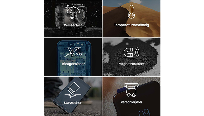 Sechs Felder zeigen Eigenschaften: wasserfest, temperaturbeständig, röntgensicher, magnetresistent, sturzsicher, verschleißfrei.