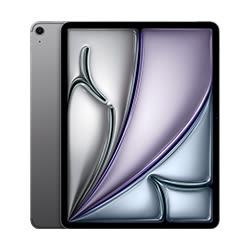 Ein Tablet mit silberner Rückseite und ein Bildschirm, der ein abstraktes, farbenfrohes Design mit Grau- und Lilatönen zeigt.