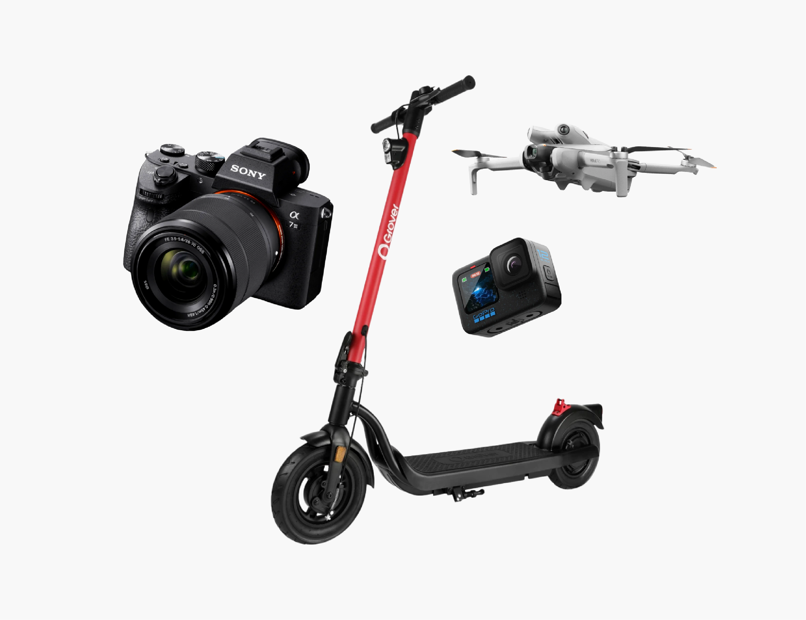 Eine Kamera, ein E-Scooter, eine Drohne und eine Action Cam