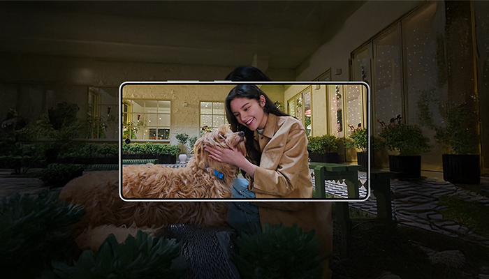 Eine Frau im braunen Blazer streichelt einen Hund mit lockigem Fell, der ein blaues Halsband trägt, auf einem Smartphone-Bildschirm.