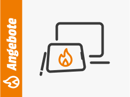 Symbolgrafik eines Tablets mit Flammensymbol und Stift vor einem Computerbildschirm, daneben ein orangefarbener Balken mit dem Schriftzug Angebote.