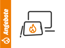 Symbolgrafik eines Tablets mit Flammensymbol und Stift vor einem Computerbildschirm, daneben ein orangefarbener Balken mit dem Schriftzug Angebote.