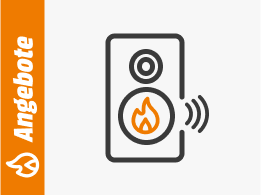 Symbolgrafik eines Lautsprechers mit Flammensymbol und Schallwellen, daneben ein orangefarbener Balken mit dem Schriftzug Angebote.