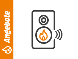 Symbolgrafik eines Lautsprechers mit Flammensymbol und Schallwellen, daneben ein orangefarbener Balken mit dem Schriftzug Angebote.