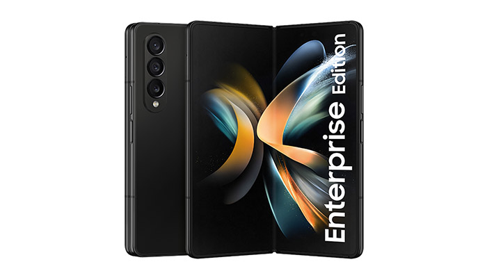 Faltbares Samsung Smartphone in Front und Rückansicht mit drei Kameras auf der Rückseite.Display mit der Aufschrift "Enterprise Edition".