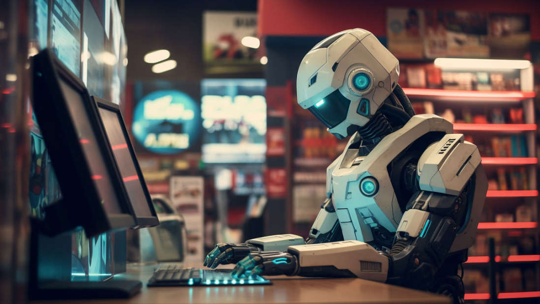 Ein Roboter mit leuchtenden blauen Akzenten tippt auf einer Tastatur vor zwei Monitoren. Im Hintergrund Regale und Lichter.