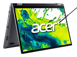 Acer Convertible-Laptop im Zeltmodus mit Touchpen und farbenfrohem Display.