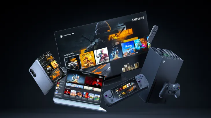 Auf schwarzem Grund sind ein Samsung-Fernseher, eine Xbox-Konsole, ein Controller, ein Laptop, ein Handy und ein Handheld zu sehen.