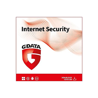 Produktbild von G DATA Internet Security mit rot‑weißem G‑DATA‑Logo, rotem Designhintergrund und Hinweis auf die Download‑Version.