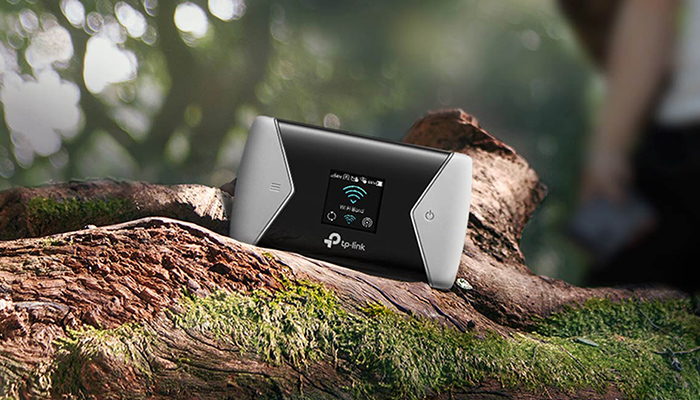 Ein schwarzer WLAN-Router mit grauen Seiten liegt auf einem moosbewachsenen Baumstamm, im Hintergrund Bäume.