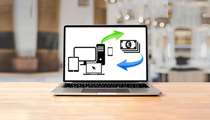 Ein Laptop zeigt ein Bild mit dem Kreislauf "Geld für sein Altgeräte erhalten".