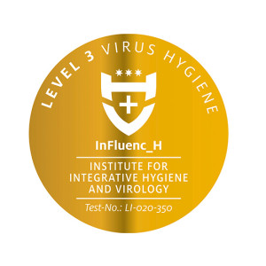 Goldenes Siegel mit weißem Schild, Kreuz und Text zu Hygiene-Level, Institut und Testnummer.