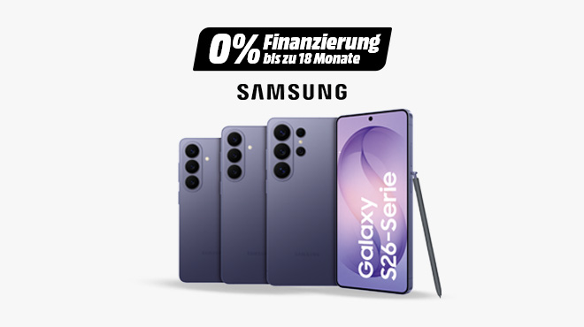Werbebanner für die Samsung Galaxy S26-Serie mit dem Angebot einer 0% Finanzierung für bis zu 18 Monate.