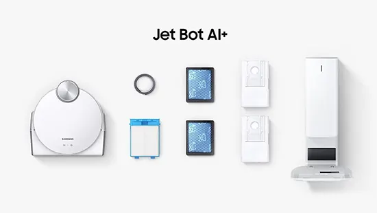 Ein weißer Roboterstaubsauger, Zubehör und eine Ladestation sind auf weißem Hintergrund abgebildet.