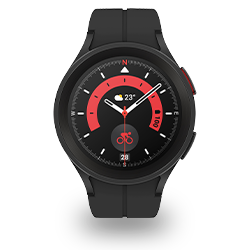 Schwarze Smartwatch mit rundem Zifferblatt, roter Anzeige und schwarzem Armband auf weißem Hintergrund.