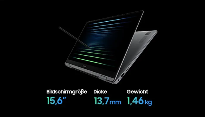 Ein Laptop mit Stift auf schwarzem Hintergrund. Die Bildschirmgröße beträgt 15,6", die Dicke 13,7 mm und das Gewicht 1,46 kg.