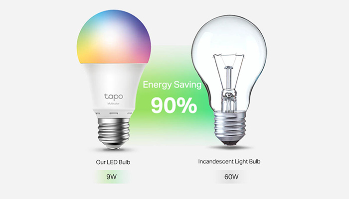 Eine bunte LED-Lampe und eine klare Glühbirne stehen nebeneinander vor einem weißen Hintergrund. Text zeigt "90% Energieeinsparung".