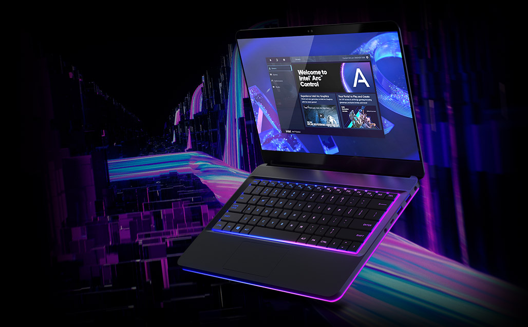 Ein Laptop mit einem Bildschirm, der "Welcome to Intel Arc Control" anzeigt, steht vor einem violetten Hintergrund.