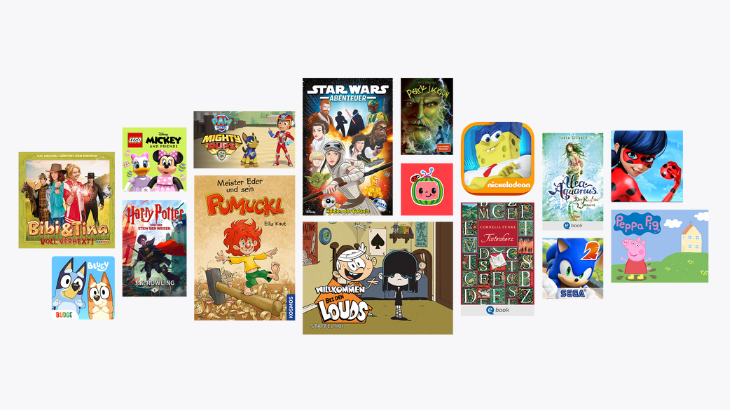 Viele verschiedene Cover von Büchern, Spielen und Videos, wie Bibi & Tina voll verhext, Star Wars Abenteuer oder Peppa Pig