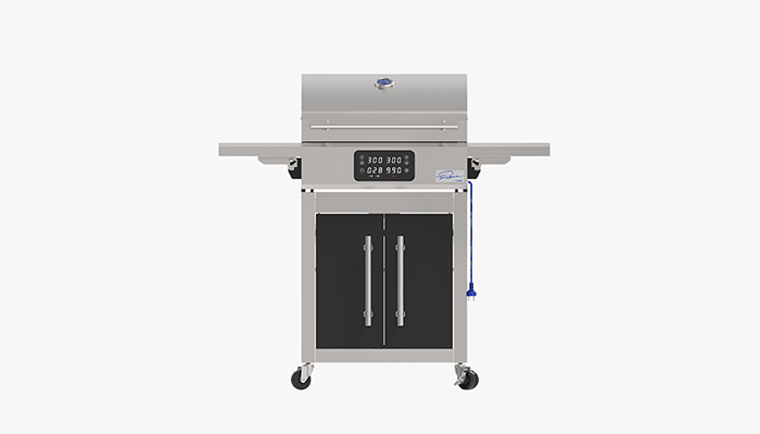 KOENIC Standgrill in Silber mit Haube, zwei Ablagen, Displayanzeige und vier Rollen. 
