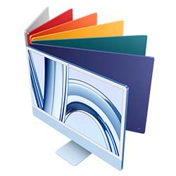 Ein Computerbildschirm zeigt blaue Linien, umgeben von farbigen Blättern in Weiß, Rot, Orange, Gelb, Grün und Blau.