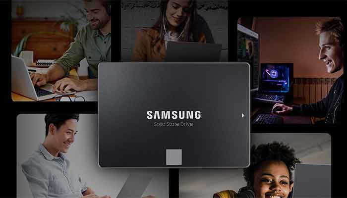 Collage von Menschen, die vor ihrem PC oder Laptop sitzen und arbeiten oder spielen. Dazu eine Abbildung der SSD 870.